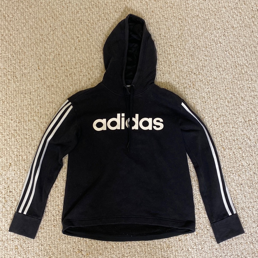 cute Black Adidas hoodie with white stripes on arms and hood